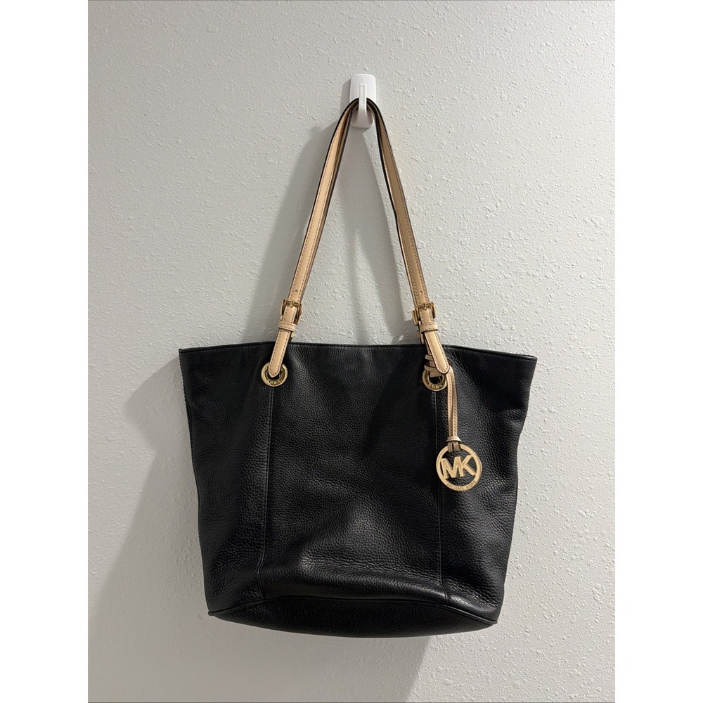 Michael Kors Black Pebbled Tote Beige Double Handles Gold Hardware Logo Lined